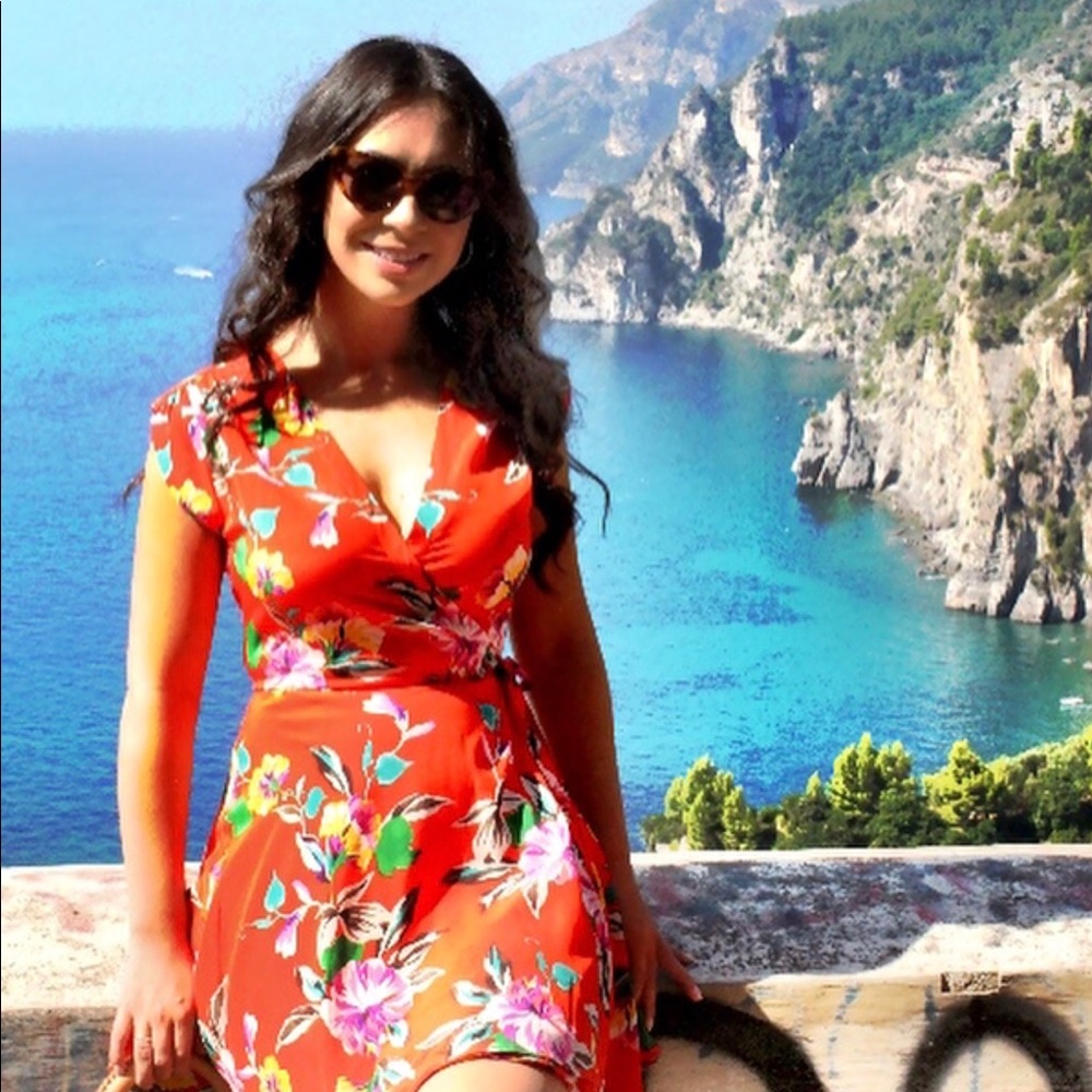 Yumi Kim red/orange floral silk wrap dress small
